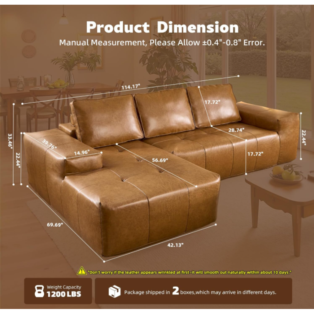 Boneless Couches for Living Room, Brown Faux Leather Cloud Sectional Couches with Chaise, Deep Seat L Shaped Modular Sofa, No Assembly Required Sofas in a Box (Left,Faux Leather,Brown)