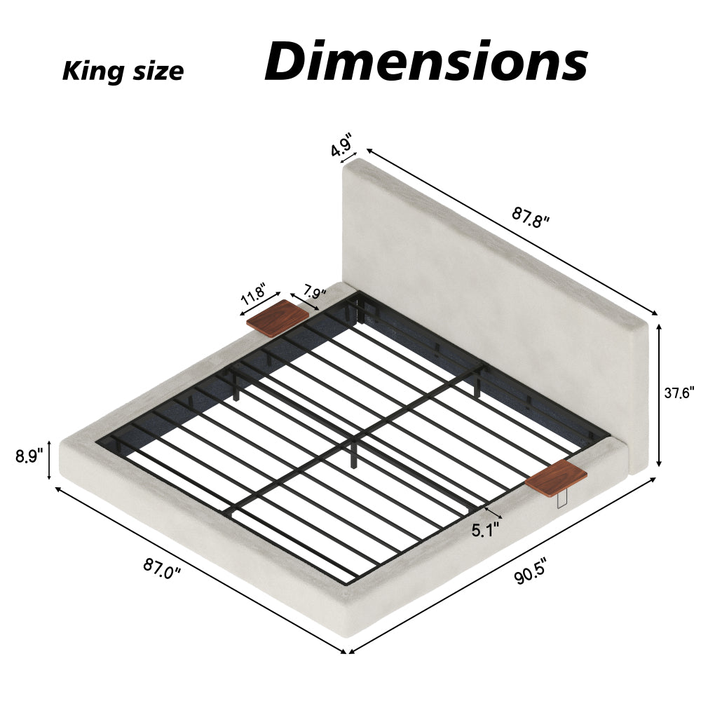 Queen/King Size Cloud Upholstered Platform Bed | Adjustable Sliding Side Shelves | Sherpa Chenille Fabric | CertiPUR-US & OEKO-TEX Certified Foam | Anti-Collision Low Profile | No Box Spring Needed | Off White