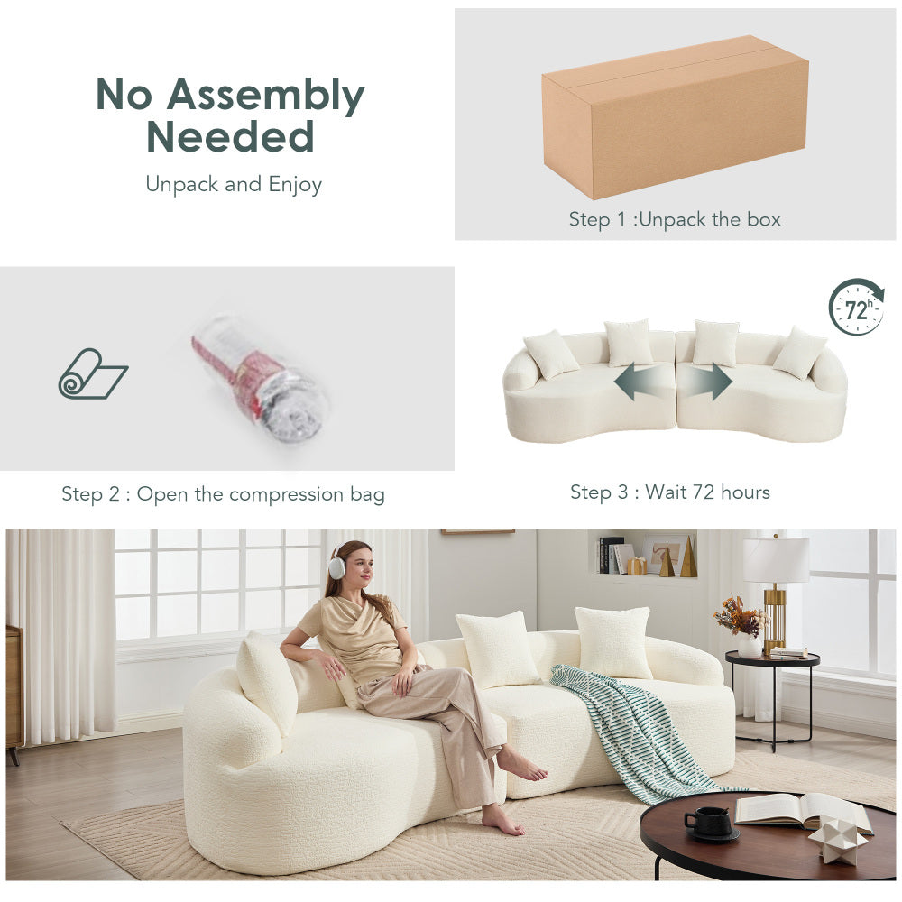 110" Curved Boneless Sectional Sofa 4-Seat | Chenille Upholstery | High-Density Foam & Spring | Flared Arms Pillow Back | No Assembly Required | Child & Pet Friendly | White/Gray/Beige/Green/Orange/Navy/Caramel/Black