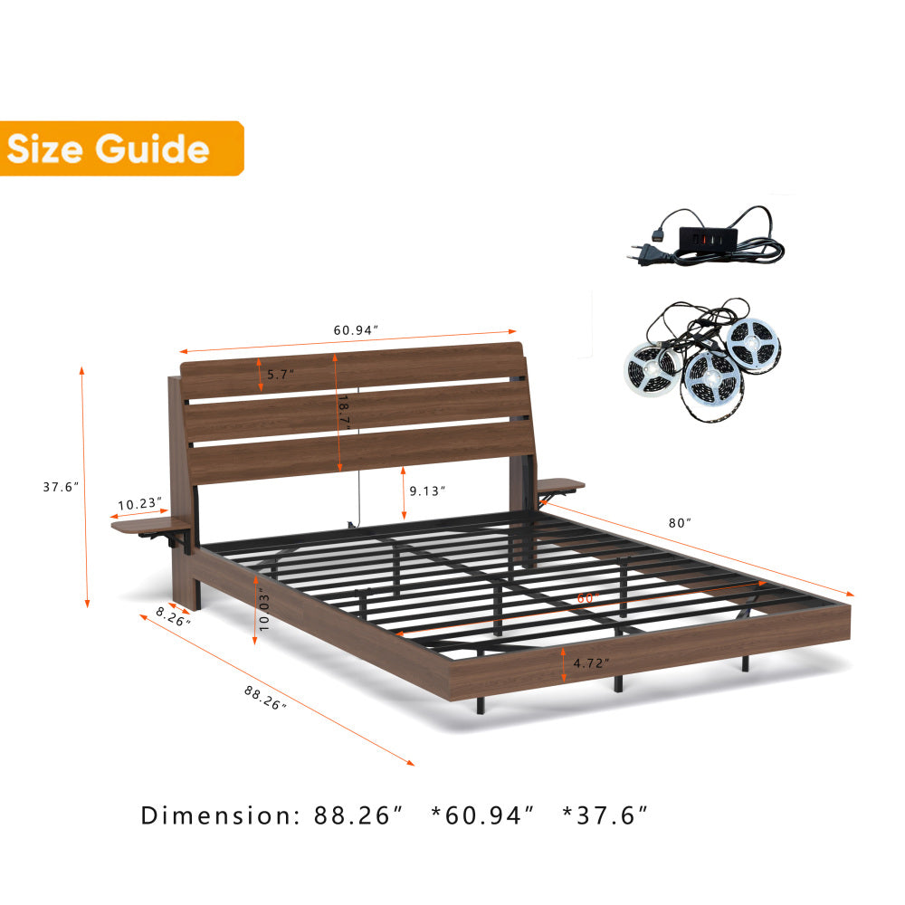 Full/Queen Size Wood Platform Bed with Bookshelf Storage Headboard | 2 Drawers | 2 AC Outlets 1 USB 1 Type-C Charging Station | 60,001 Color LED Lights APP Control | No Box Spring | Brown/Black/Walnut