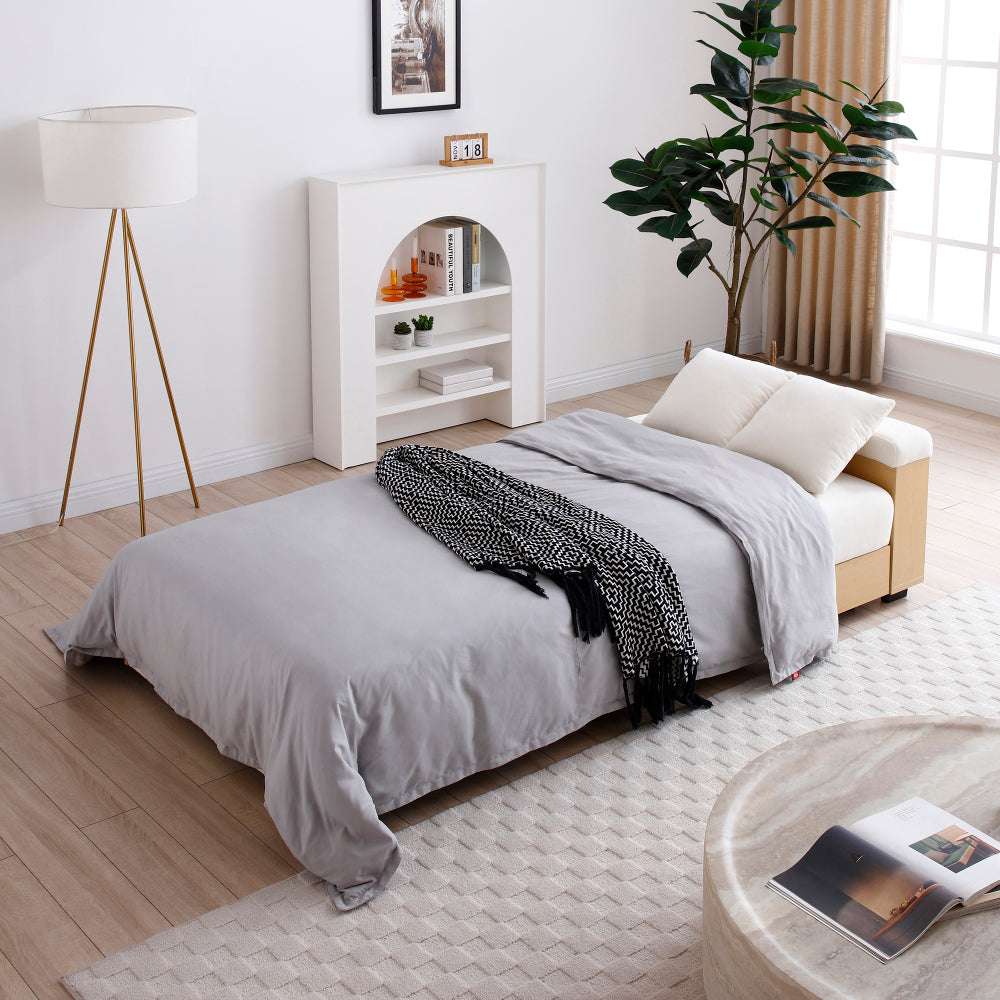 3-Seat Convertible Sleeper Sofa Couch | Double Folding Sofa Bed | Storage Ottoman + 2 Drawers | Drop-Down Coffee Table + 2 Cup Holders | Reversible Armrest | Cotton Linen + High-Density Foam | Living Room, Apartment, Office | Beige
