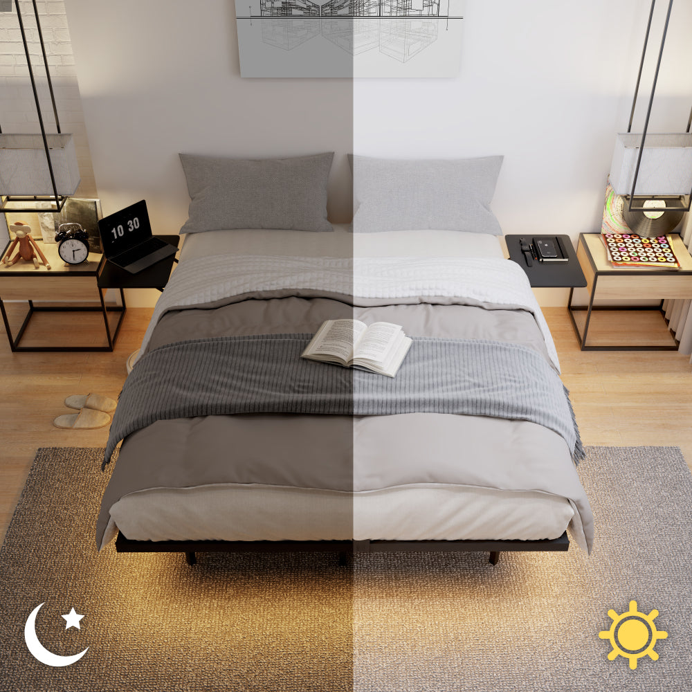 Full/Queen Size Heavy Duty Metal Platform Bed | 2 Bedside Shelves | LED Light | Reinforced Steel Slats | 800 lbs | Under-Bed Storage | No Box Spring Needed | Black