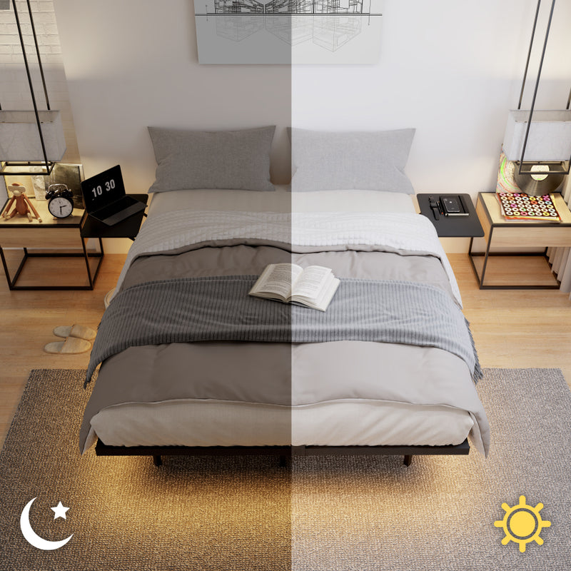 Full/Queen Size Heavy Duty Metal Platform Bed | 2 Bedside Shelves | LED Light | Reinforced Steel Slats | 800 lbs | Under-Bed Storage | No Box Spring Needed | Black