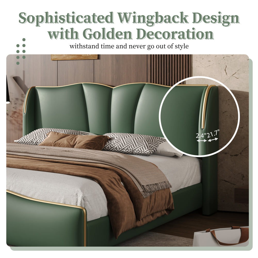 Queen Size PU Leather Wingback Platform Bed | Wave-Shaped Headboard & Footboard | 46.5" Tall Headboard | High-Resilience Sponge Fill | 800 lbs Wood Slats | No Box Spring Needed | Dark Green / Black / Antique Blue