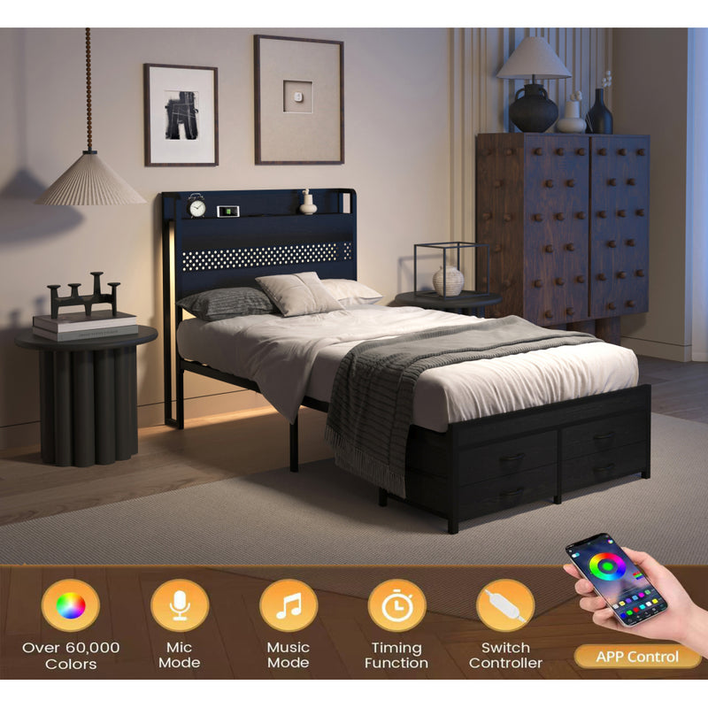 Twin/Full/Queen Size Metal Platform Bed with 4 Storage Drawers | Headboard Charging Station 2 Outlets & 2 USB | 16 RGB LED Lights 60000+ Colors | Heavy Duty Steel Slats | No Box Spring Needed | Black