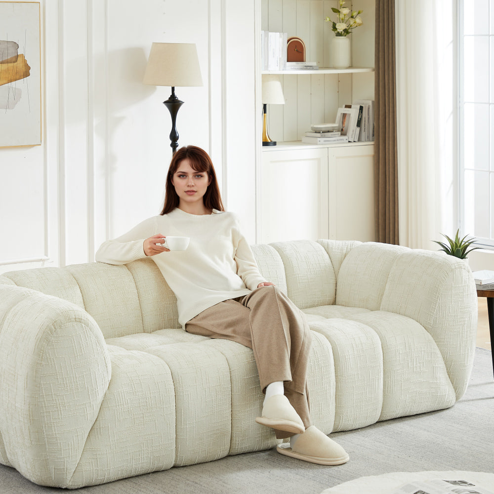 Modern Quilted Cloud Sofa | 3-Seat Chenille Pure Foam Couch | Piano-Key Backrest Design | Rounded Armrests | Deep-Seat Cushions | Living Room, Bedroom, Apartment | Beige/Black
