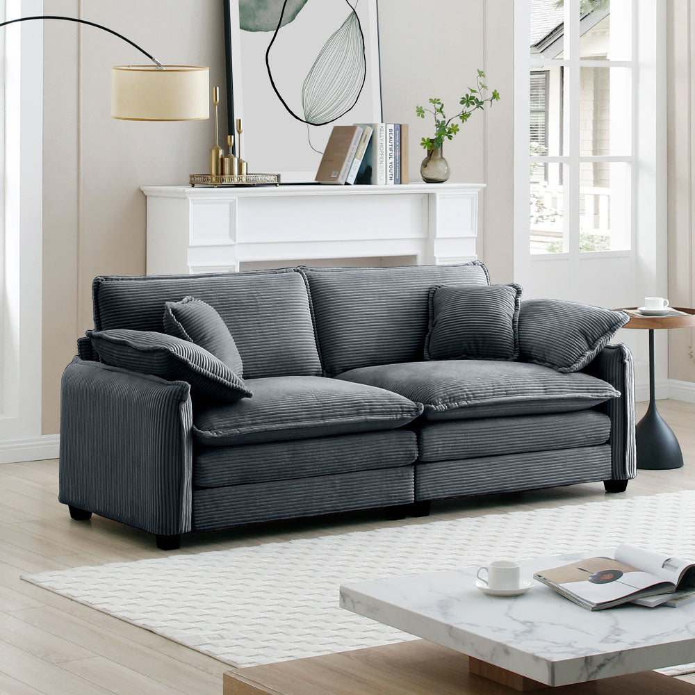 Large Deep-Seat 2-Seat Corduroy Sofa | Fashion-Retro Blend Design | Double-Layer Memory Foam Cushions | Removable Armrests + 4 Throw Pillows | Cloud-Like Comfort | Living Room, Bedroom, Flat | Beige/Tan/Green/Gray