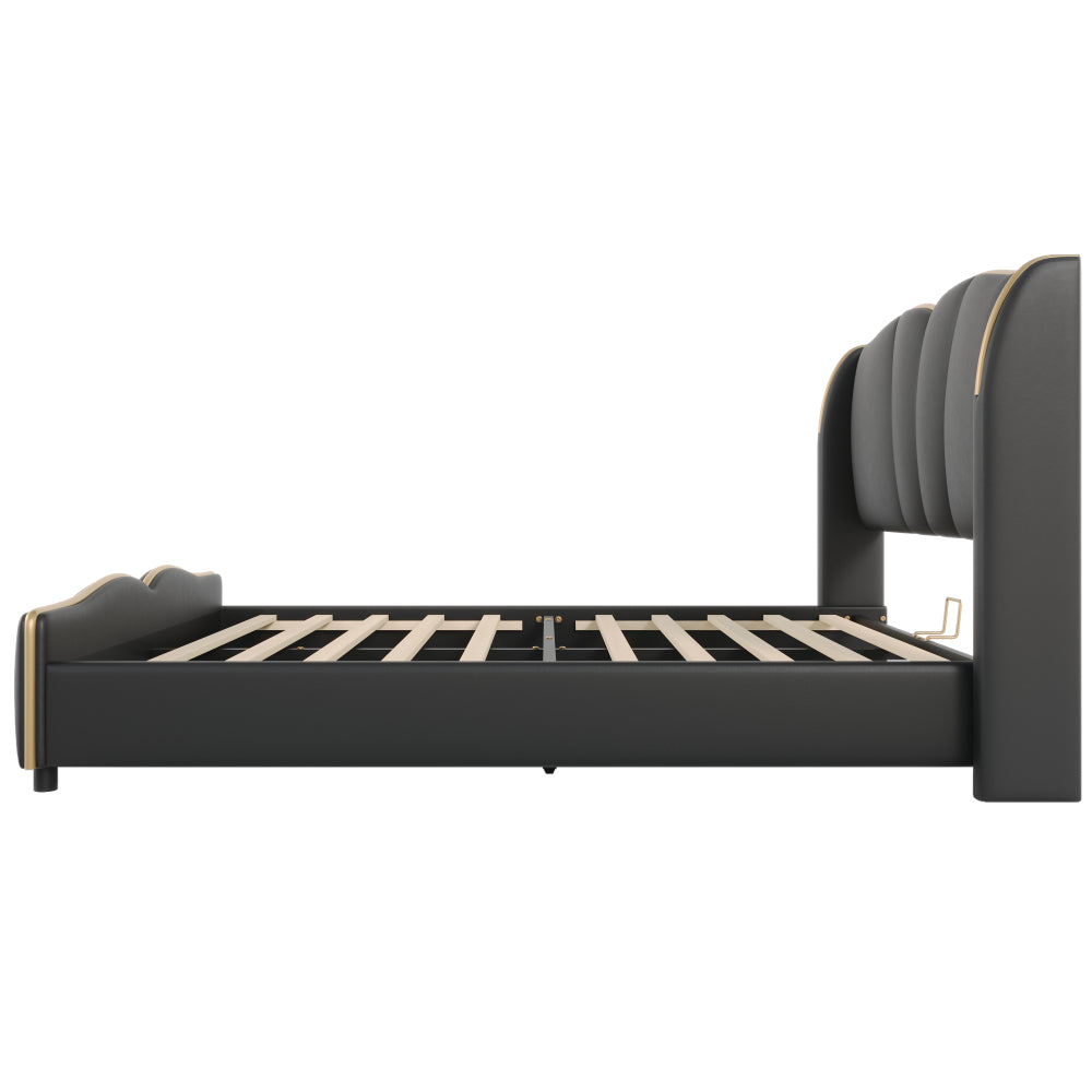 Queen Size PU Leather Wingback Platform Bed | Wave-Shaped Headboard & Footboard | 46.5" Tall Headboard | High-Resilience Sponge Fill | 800 lbs Wood Slats | No Box Spring Needed | Dark Green / Black / Antique Blue