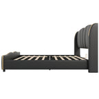 Queen Size PU Leather Wingback Platform Bed | Wave-Shaped Headboard & Footboard | 46.5" Tall Headboard | High-Resilience Sponge Fill | 800 lbs Wood Slats | No Box Spring Needed | Dark Green / Black / Antique Blue