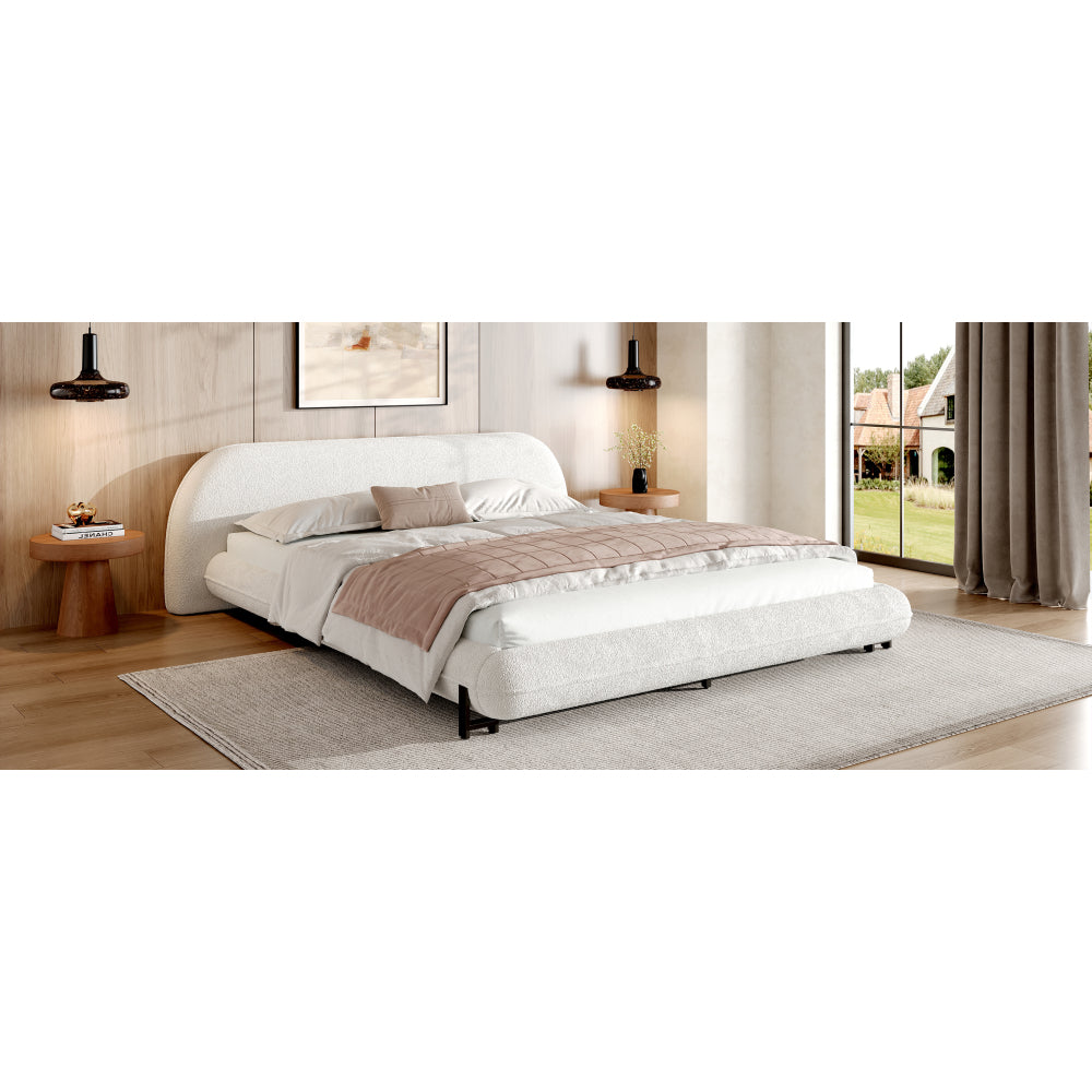Queen/King Size Boucle Upholstered Platform Bed | Thick Curved Headboard | Solid Wood Center Legs & Dual Steel Outer Legs | 500 lbs | Embedded Structure | No Box Spring Needed | White