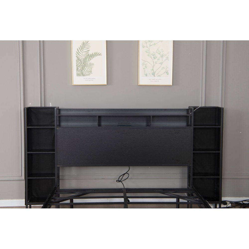 Full/Twin Size Floating Platform Bed | Bookcase Storage Headboard with LED Lights | 2 Outlets 1 USB 1 Type-C Charging | 4-Tier Side Shelves | 1000 lbs Heavy Duty Metal | No Box Spring | Black