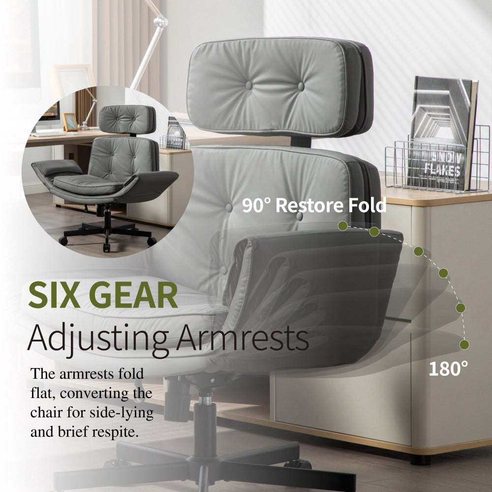 Criss Cross Wide-Seat Lounge Office Chair | 6-Gear Adjustable Armrests | Removable Headrest | Gentle Rocking + 360° Swivel | Pet-Friendly PU/Boucle Upholstery | Cross-Legged Sitting | Home Office, Gaming, Makeup, Conference | Gray/Ivory/Brown