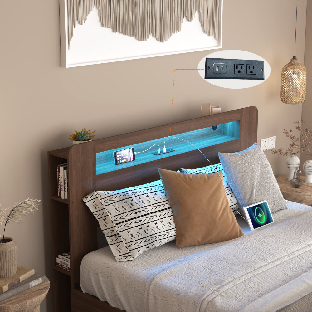 Full/Queen Size Wood Platform Bed with Bookshelf Storage Headboard | 2 Drawers | 2 AC Outlets 1 USB 1 Type-C Charging Station | 60,001 Color LED Lights APP Control | No Box Spring | Brown/Black/Walnut