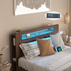 Full/Queen Size Wood Platform Bed with Bookshelf Storage Headboard | 2 Drawers | 2 AC Outlets 1 USB 1 Type-C Charging Station | 60,001 Color LED Lights APP Control | No Box Spring | Brown/Black/Walnut