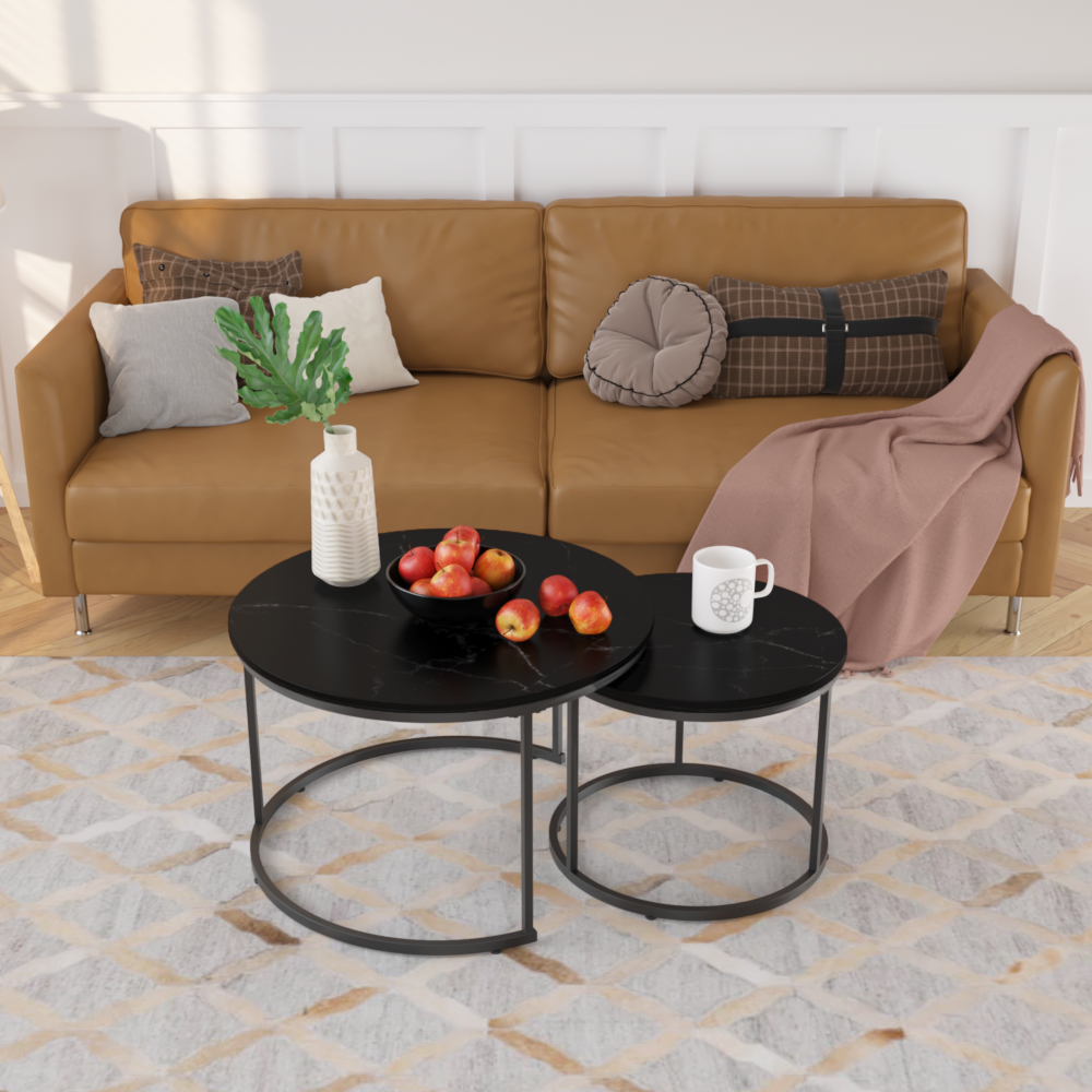 27.6" Nesting Coffee Table Set of 2 | Round Marble Pattern Wood Top | Sturdy Metal Frame | Space-Saving Stackable Design | Living Room, Bedroom, Balcony, Yard | Black/White/Brown
