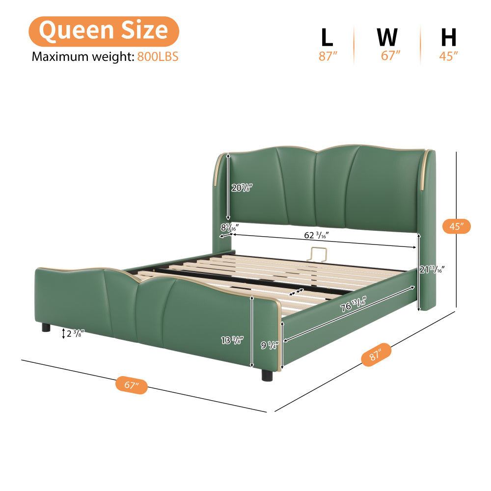 Queen Size PU Leather Wingback Platform Bed | Wave-Shaped Headboard & Footboard | 46.5" Tall Headboard | High-Resilience Sponge Fill | 800 lbs Wood Slats | No Box Spring Needed | Dark Green / Black / Antique Blue