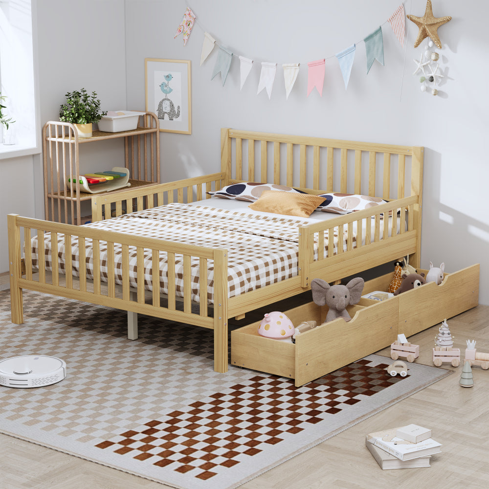 Wood Platform Bed with Guardrails on Both Sides