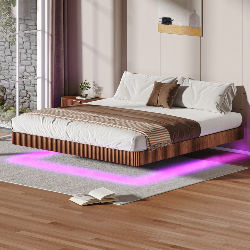 Oak King Floating Bed Frame with LED Lights