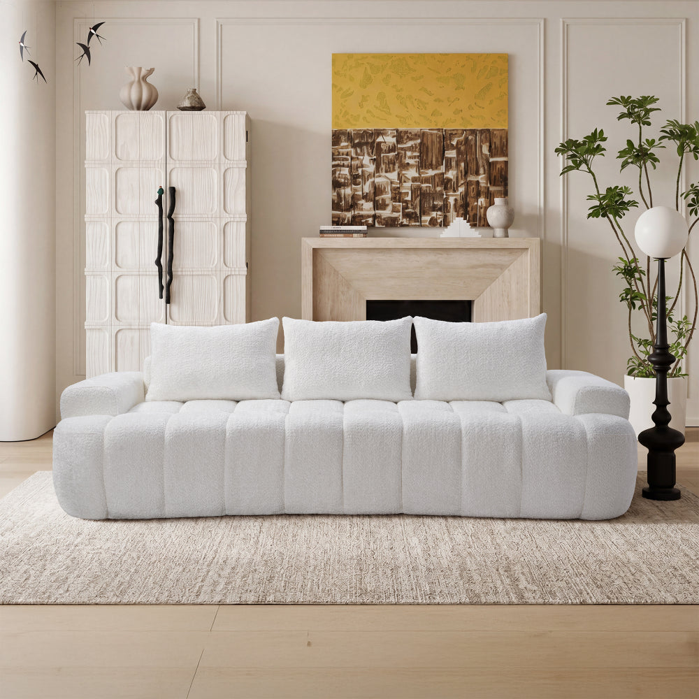 100" Extra Large Curved Front Sofa | 3-Seat Cloud-Like Boucle Sectional Couch | Vertical Channel Tufted | High-Resilience Compressed Foam | No Assembly | Easy to Move & Ship | Living Room, Apartment, Condo | White/Camel