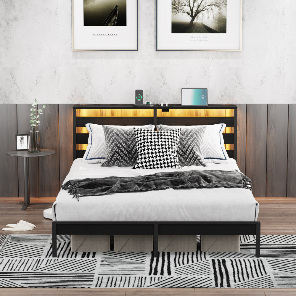 Full Size Metal Platform Bed | Wooden Headboard with USB Charging Station & LED Lights | Under-Bed Storage | 600 lbs Heavy Duty | No Box Spring Needed | Easy Assembly | Black