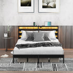 Full Size Metal Platform Bed | Wooden Headboard with USB Charging Station & LED Lights | Under-Bed Storage | 600 lbs Heavy Duty | No Box Spring Needed | Easy Assembly | Black