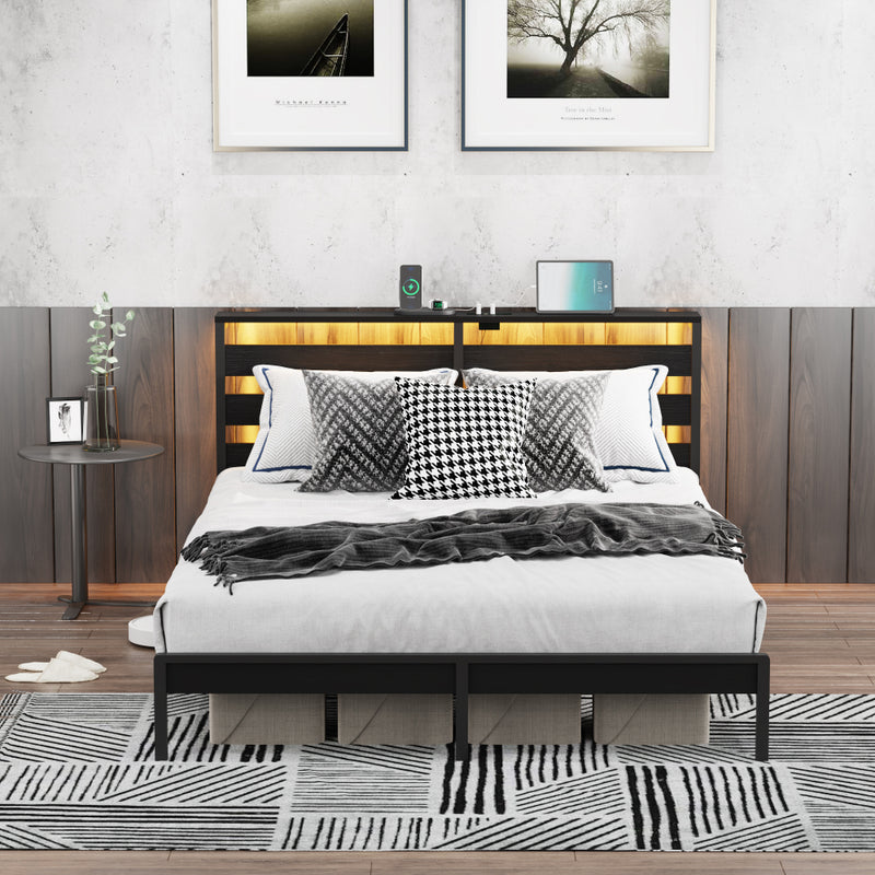 Full Size Metal Platform Bed | Wooden Headboard with USB Charging Station & LED Lights | Under-Bed Storage | 600 lbs Heavy Duty | No Box Spring Needed | Easy Assembly | Black