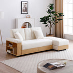 3-Seat Convertible Sleeper Sofa Couch | Double Folding Sofa Bed | Storage Ottoman + 2 Drawers | Drop-Down Coffee Table + 2 Cup Holders | Reversible Armrest | Cotton Linen + High-Density Foam | Living Room, Apartment, Office | Beige