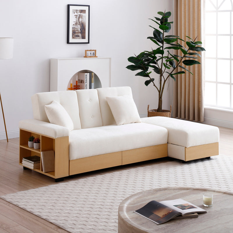 3-Seat Convertible Sleeper Sofa Couch | Double Folding Sofa Bed | Storage Ottoman + 2 Drawers | Drop-Down Coffee Table + 2 Cup Holders | Reversible Armrest | Cotton Linen + High-Density Foam | Living Room, Apartment, Office | Beige