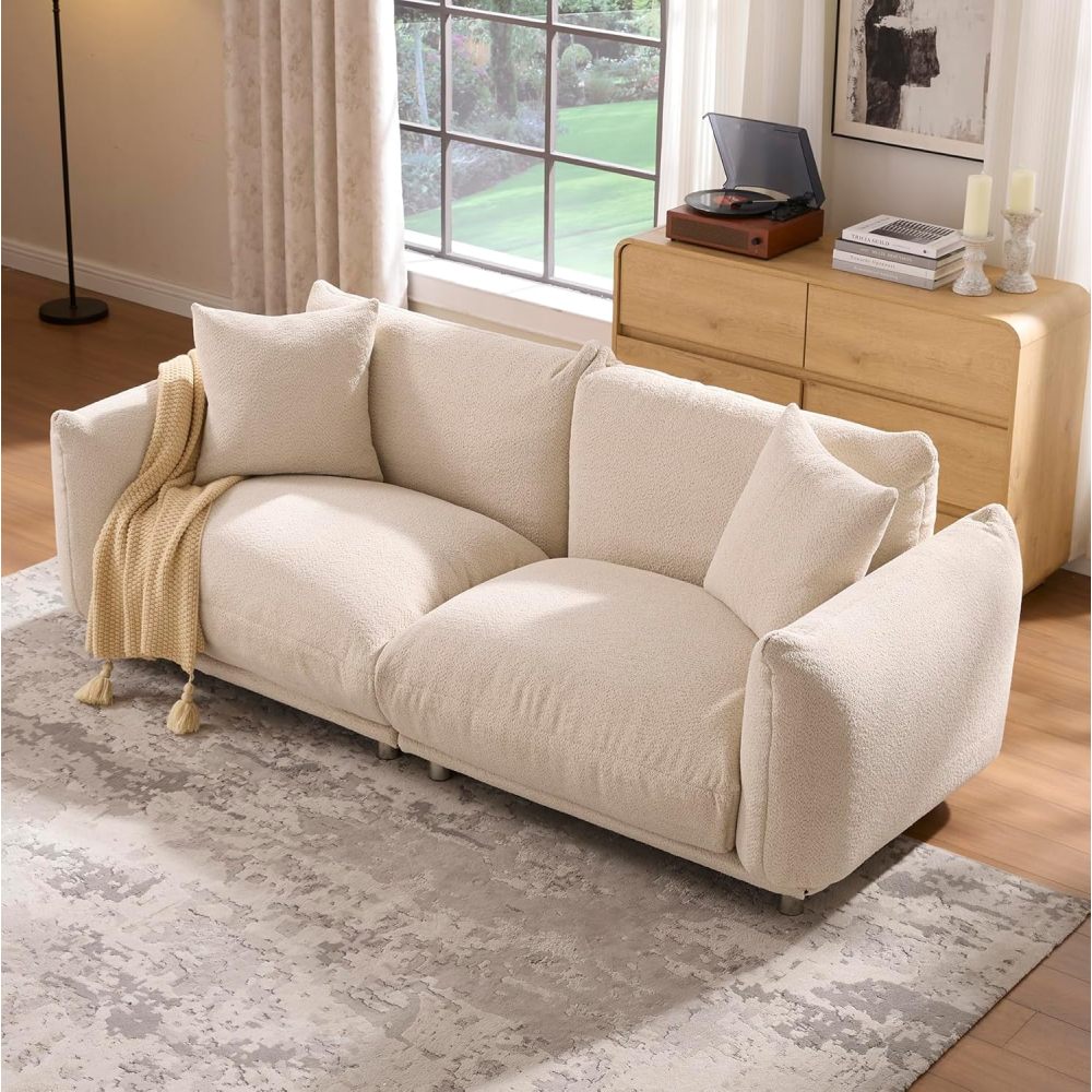 87.4" Sherpa Cloud 3-Seater Loveseat Sofa | Precision-Tailored Stitching | High-Density Foam Fill | Solid Hardwood Frame with Reinforced Joints | Stain-Resistant Velvet | 2 Pillows Included | White / Beige
