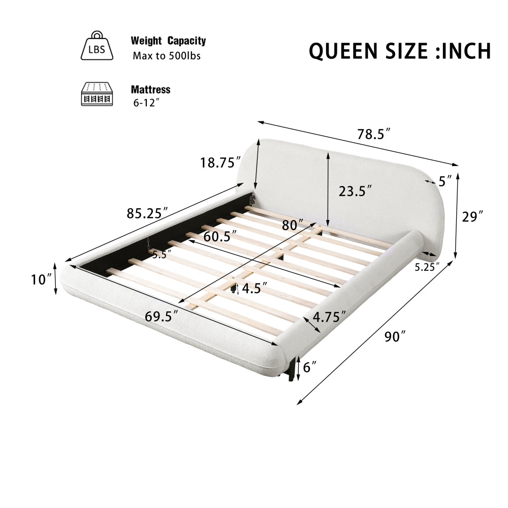 Queen/King Size Boucle Upholstered Platform Bed | Thick Curved Headboard | Solid Wood Center Legs & Dual Steel Outer Legs | 500 lbs | Embedded Structure | No Box Spring Needed | White