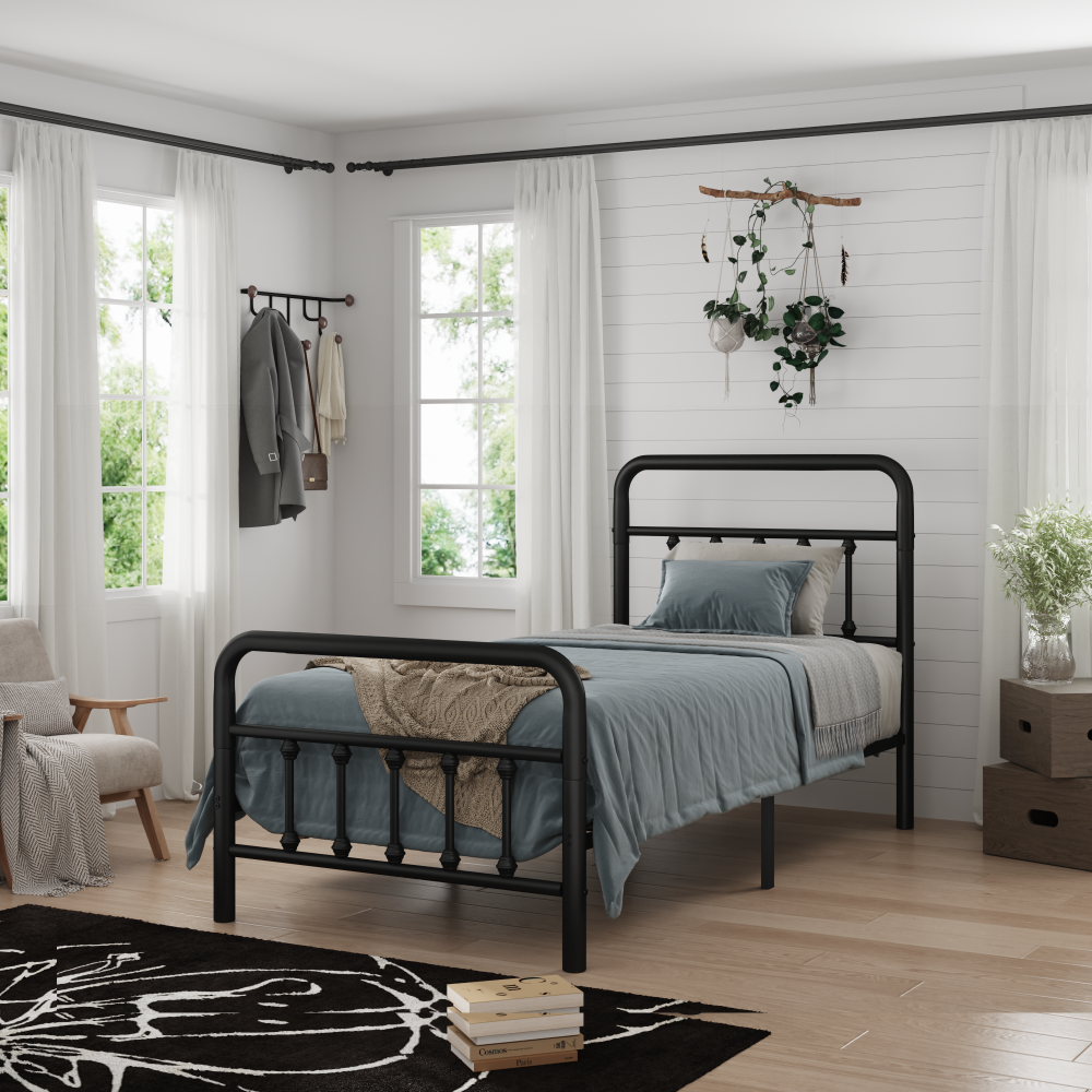 Twin/Full/Queen Size Metal Platform Bed Frame | Classic Spindle Headboard & Footboard | Reinforced Sturdy Structure | Ample Under-Bed Storage | No Box Spring Needed | Black/Charcoal Gray/White