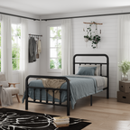 Twin/Full/Queen Size Metal Platform Bed Frame | Classic Spindle Headboard & Footboard | Reinforced Sturdy Structure | Ample Under-Bed Storage | No Box Spring Needed | Black/Charcoal Gray/White