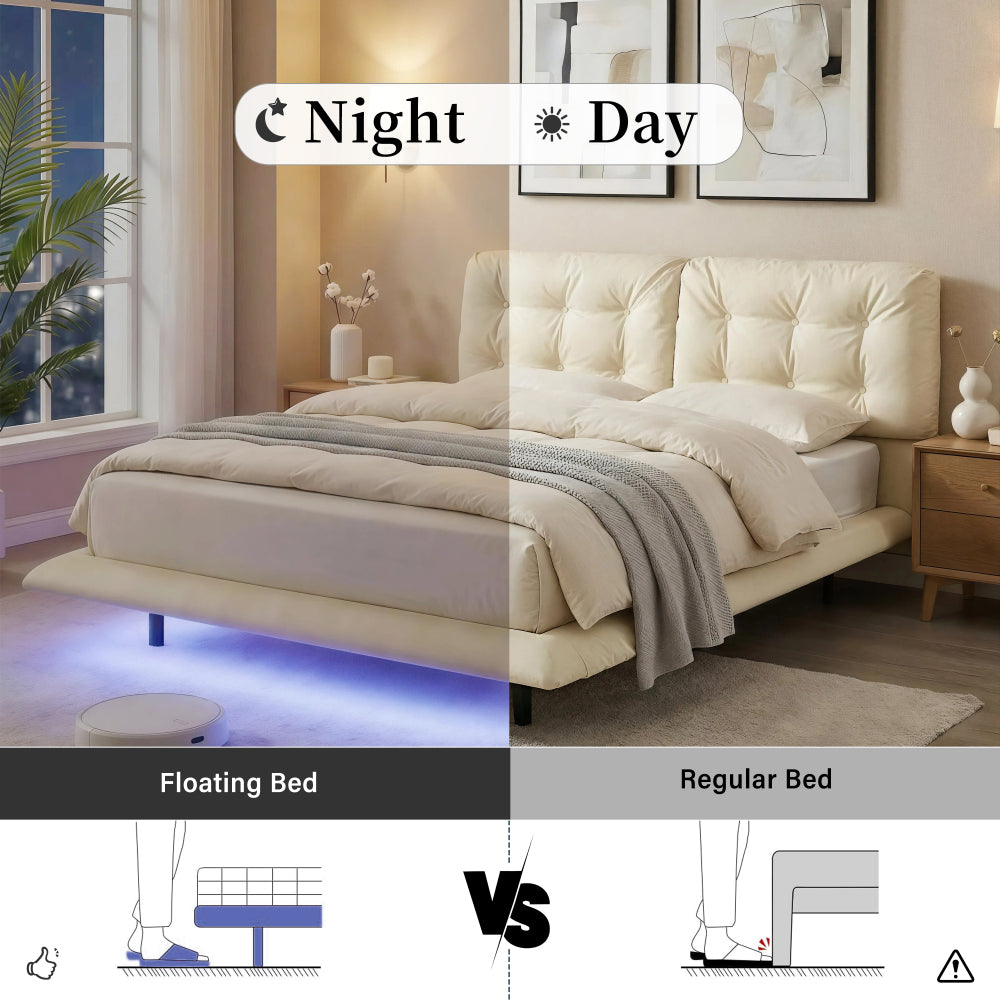 Queen Size PU Leather Floating Platform Bed | Button Tufted Segmented Headboard | Remote-Controlled LED Light Strip 6 Colors | 800 lbs | Hidden Leg Design | No Box Spring Needed | Pink / White / Khaki
