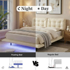 Queen Size PU Leather Floating Platform Bed | Button Tufted Segmented Headboard | Remote-Controlled LED Light Strip 6 Colors | 800 lbs | Hidden Leg Design | No Box Spring Needed | Pink / White / Khaki