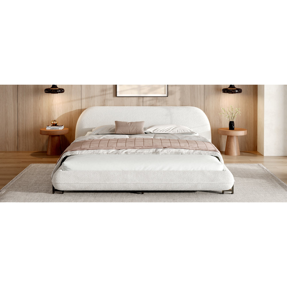 Queen/King Size Boucle Upholstered Platform Bed | Thick Curved Headboard | Solid Wood Center Legs & Dual Steel Outer Legs | 500 lbs | Embedded Structure | No Box Spring Needed | White