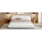 Queen/King Size Boucle Upholstered Platform Bed | Thick Curved Headboard | Solid Wood Center Legs & Dual Steel Outer Legs | 500 lbs | Embedded Structure | No Box Spring Needed | White