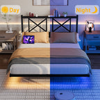 Full/Queen Size Floating Metal Platform Bed | Storage Headboard 2 AC + 2 USB Charging | RGB LED 2000+ Colors App & Music Sync | 4 Power Sockets | 450 lbs Heavy Duty Steel Slats | No Box Spring | Black