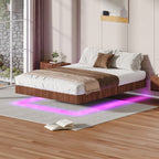 Oak King Floating Bed Frame with LED Lights, Wave Curve Wood Texture Bed with Heavy Duty Metal Slats - No Box Spring Needed.