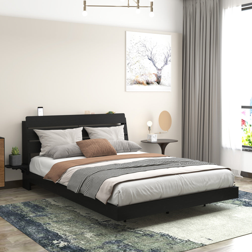 Wood Platform Bed with Bookshelf Storage Headboard