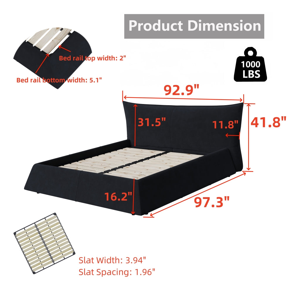 Queen/King Size Velvet Upholstered Platform Bed | Oversized Trapezoid Headboard | 1000 lbs | Pine Wood & Iron Frame | 24 Slats | No Box Spring | White/Black