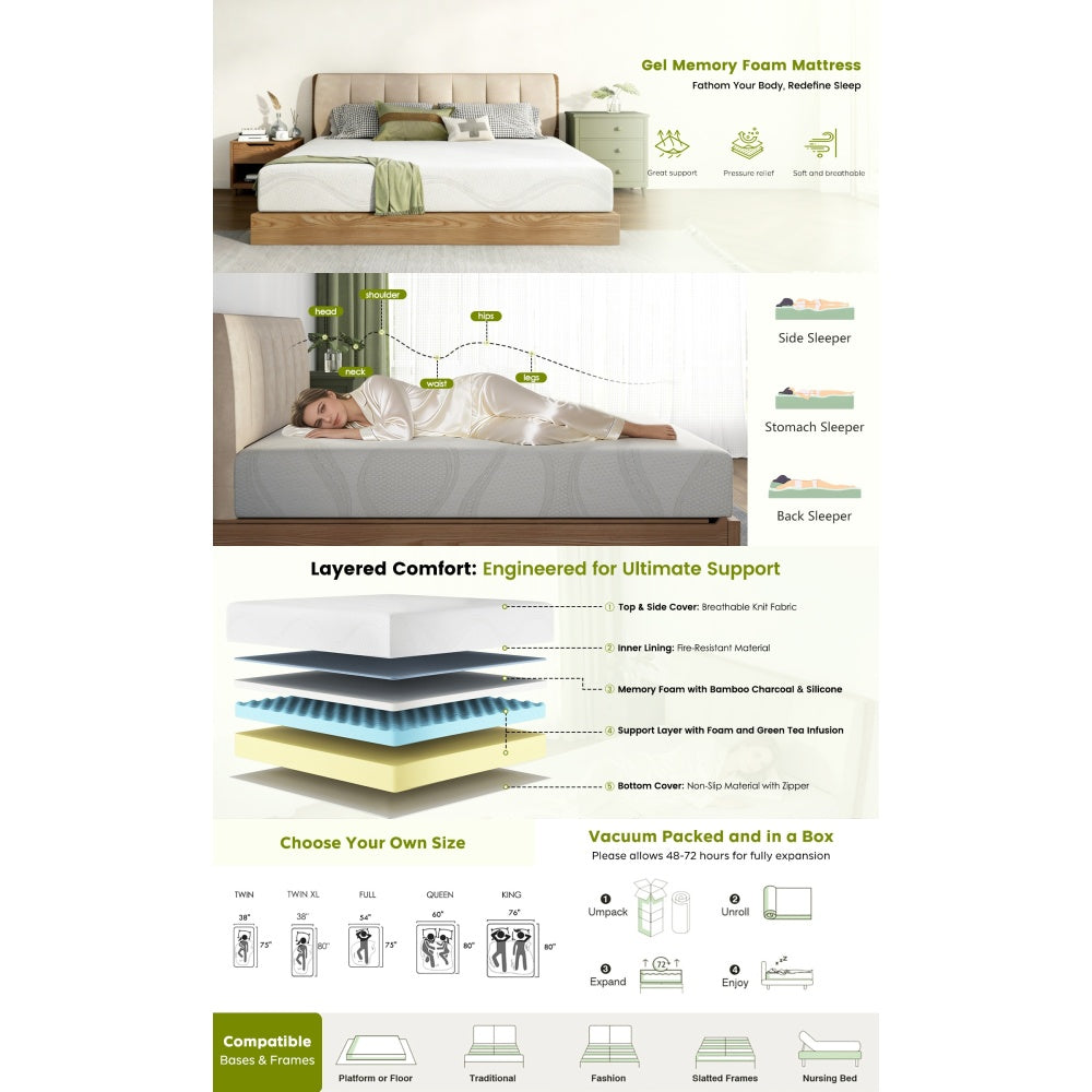 Twin/Full/Queen/King | 12" Memory Foam Mattress | Cooling Green Tea Gel | Dual-Layer High-Density Foam | Removable Washable Cover | CertiPUR-US Certified | Bedroom, Guest Room, Dorm | White