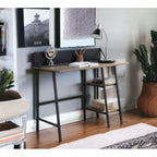 Rustic Oak and Black 2-Shelf Writing Desk with H-Shaped Base — 43" W x 20" D x 30" H | Industrial Modern Writing Desk | Two-Tier Storage Shelf | Smart Phone & Tablet Holder | Particle Board & MDF | Office | Oak