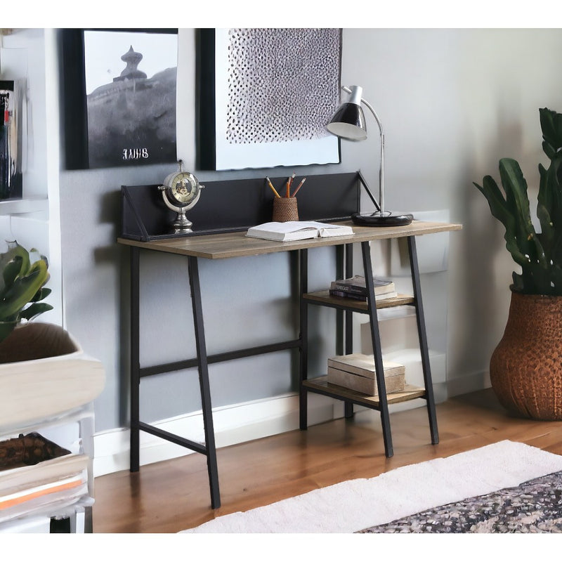Rustic Oak and Black 2-Shelf Writing Desk with H-Shaped Base — 43" W x 20" D x 30" H | Industrial Modern Writing Desk | Two-Tier Storage Shelf | Smart Phone & Tablet Holder | Particle Board & MDF | Office | Oak
