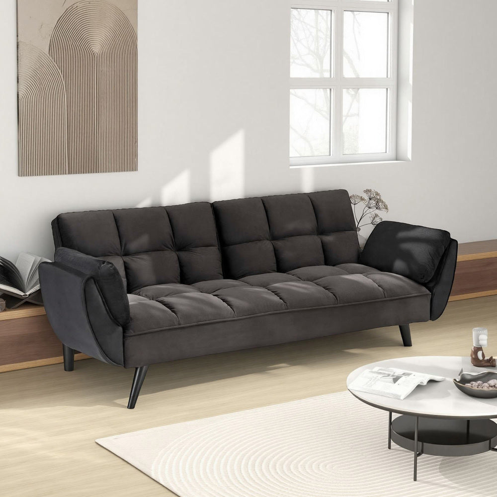 74" 2-Seat Convertible Sofa Bed | 3 Adjustable Backrest Positions | Tufted Polyester Blend | Adjustable to 180° Flat Bed | Easy Leg Assembly | Apartment Small Space | Black / Beige