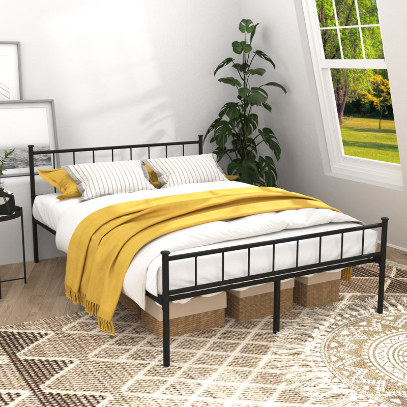 Full/Queen Size Metal Platform Bed Frame | Classic Spindle Headboard & Footboard | Reinforced Sturdy Structure | Ample Under-Bed Storage | No Box Spring Needed | Black