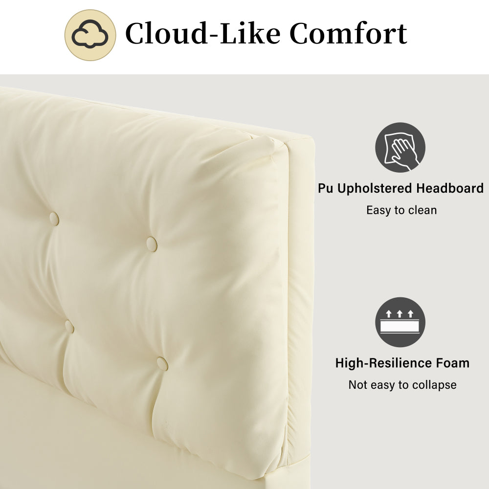 Queen Size PU Leather Floating Platform Bed | Button Tufted Segmented Headboard | Remote-Controlled LED Light Strip 6 Colors | 800 lbs | Hidden Leg Design | No Box Spring Needed | Pink / White / Khaki