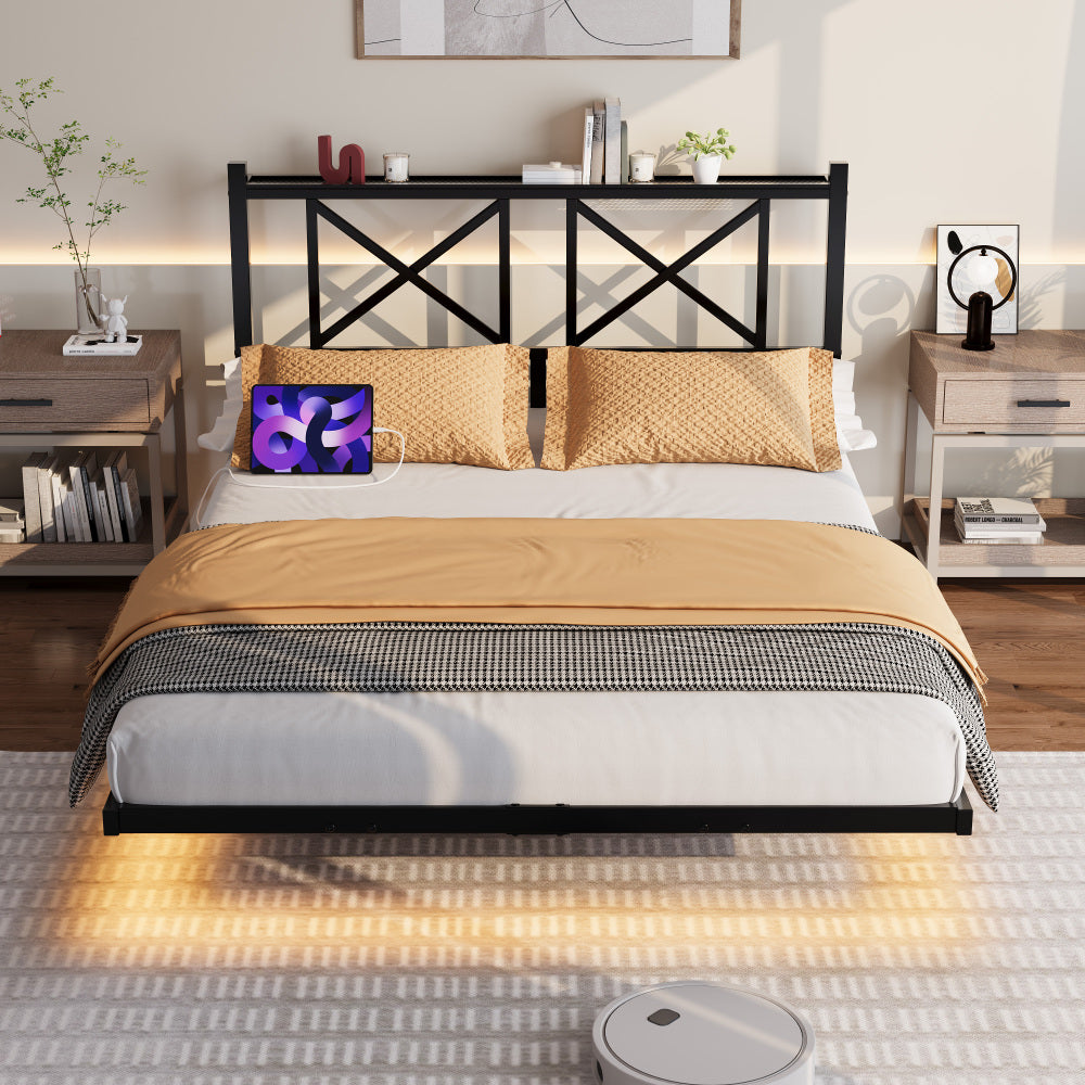Full/Queen Size Floating Metal Platform Bed | Storage Headboard 2 AC + 2 USB Charging | RGB LED 2000+ Colors App & Music Sync | 4 Power Sockets | 450 lbs Heavy Duty Steel Slats | No Box Spring | Black