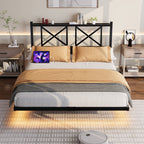 Full/Queen Size Floating Metal Platform Bed | Storage Headboard 2 AC + 2 USB Charging | RGB LED 2000+ Colors App & Music Sync | 4 Power Sockets | 450 lbs Heavy Duty Steel Slats | No Box Spring | Black