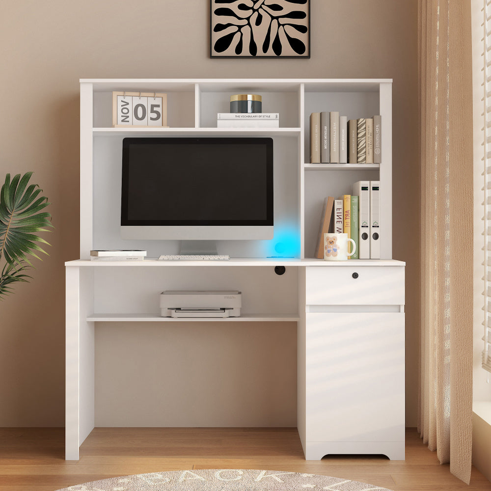Computer Desk with Hutch & Bookshelf — 51" Wood Executive Desk with Drawers | 3 AC Outlets & 2 USB Charging Ports | Lockable Drawer | Monitor Stand & Storage Shelves | Home Office, Student, Teen Study Desk | White/Black