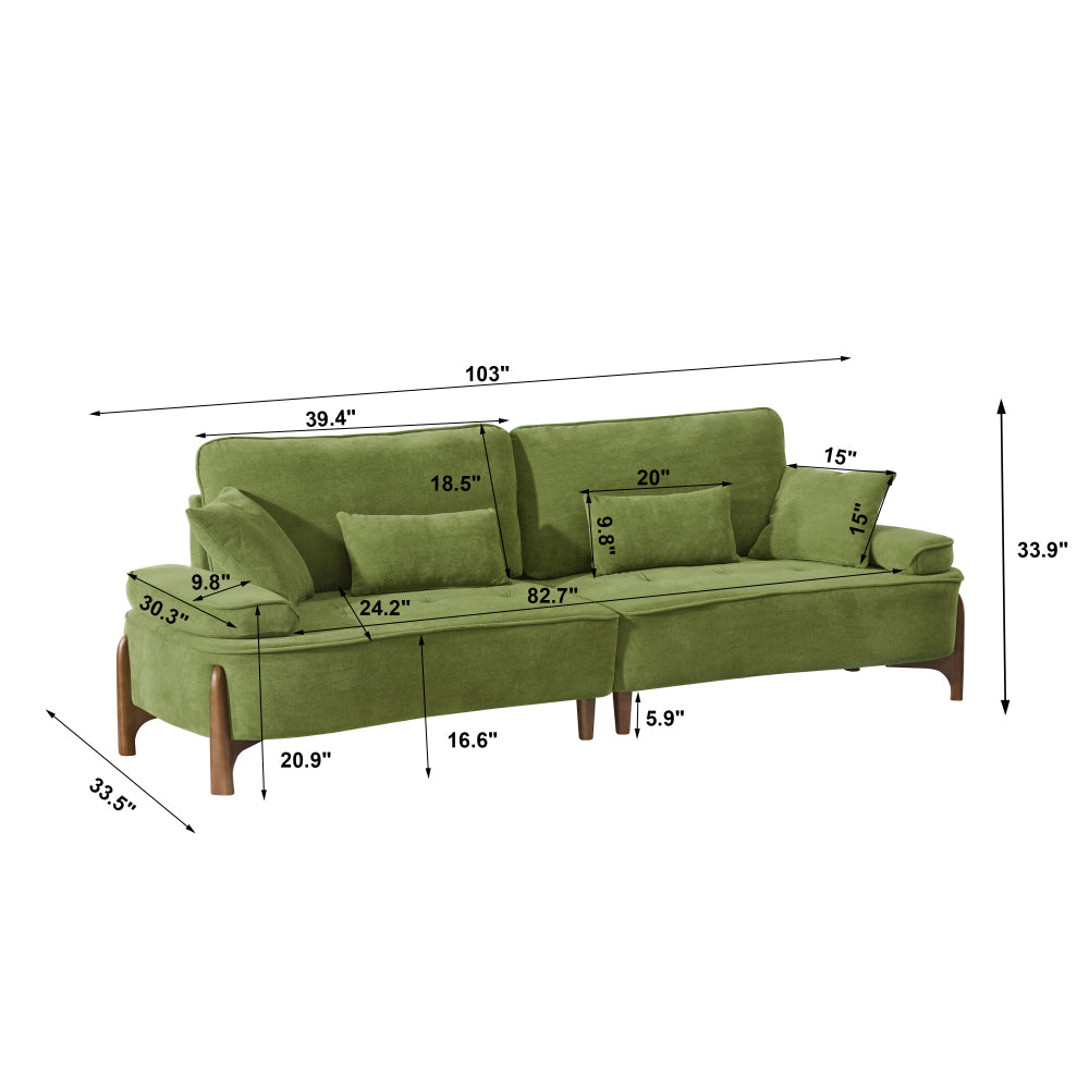 103" Deep Seat 3-Seater Sofa | 24" Extra Deep Cushions | Cloud Velvet Polyester Fabric | Solid Eucalyptus Frame & Wood Legs | 4 Pillows Included | 600 lbs | Pillow Top Arms | Beige / Green / Brick Red